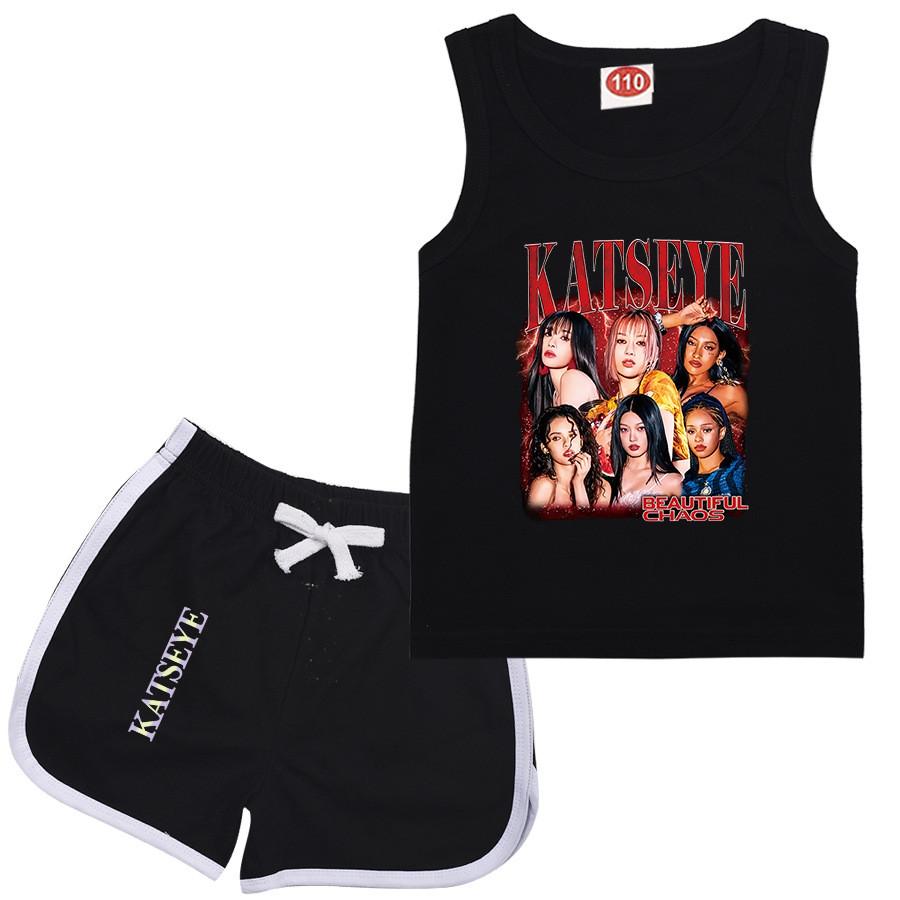 9198 Children Fashion Girls Singer Katseye Printed Sleeveless T-Shirt Tank Top Shorts Clothes Set