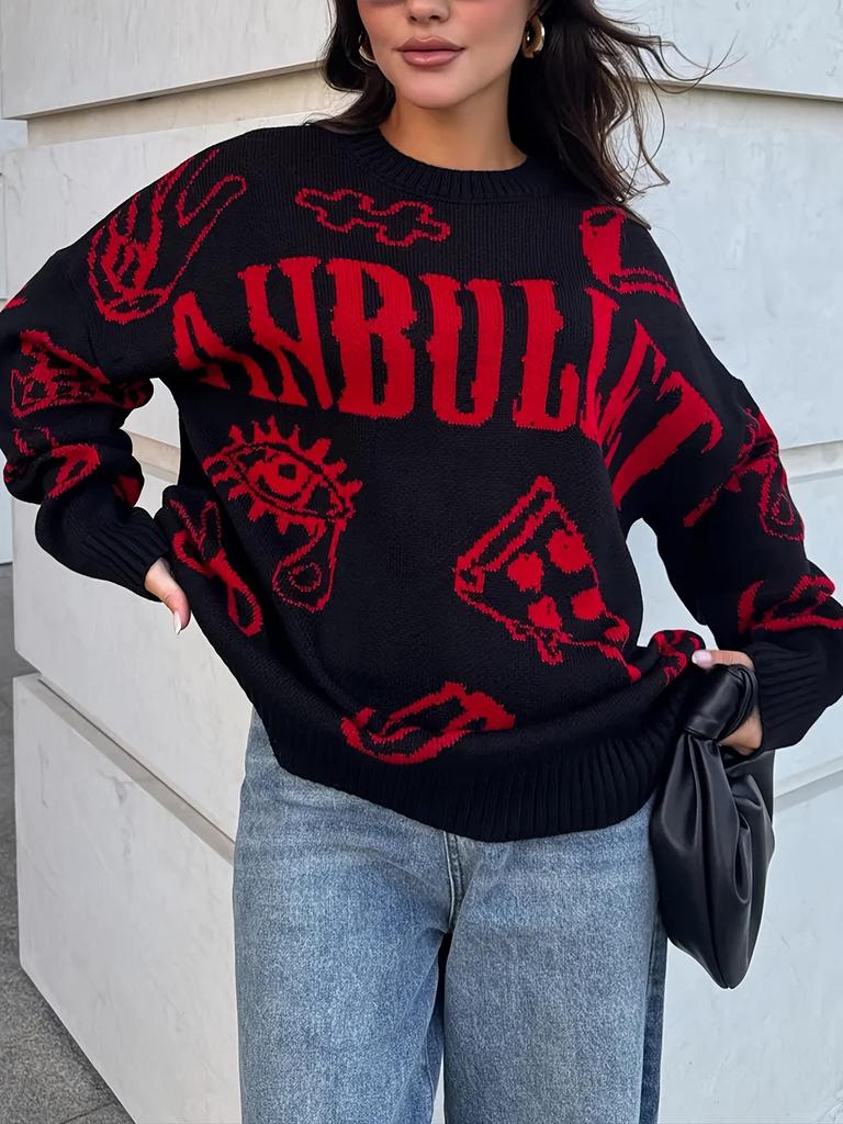 Elegant Cartoon Letter Long Sleeve Knit Sweater - Versatile Casual Street Style