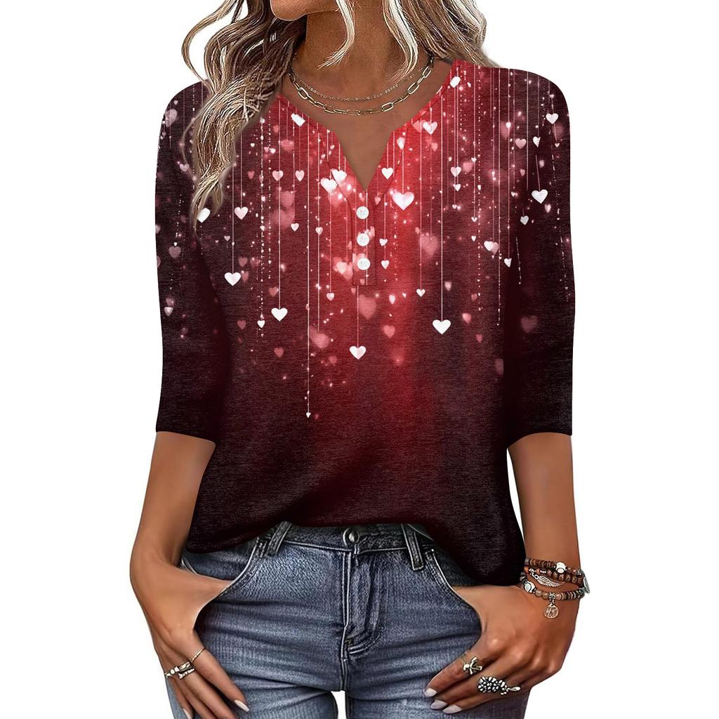 Camiseta feminina estampada com botões, manga 3/4, moda diária, de fim de semana, básica, decote em V, top regular