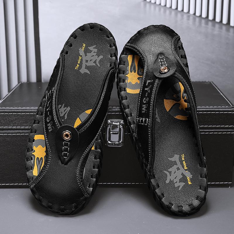 Men Foreskin Herringbone Slippers PU Hand Sewn Flat Bottomed Anti-collision Toe Comfortable Outdoor Beach Sandals
