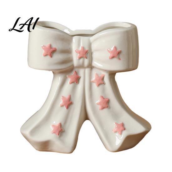 French Style Bow Vase Ceramic with Star Decorative Flowers Vase Creative Flower Chic Room Decor Gifts Arrangement Holder for Living Table