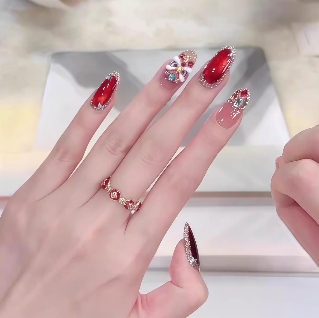 2026 Autumn/Winter Red Cherry Cat Eye Lion Dance Wearable Armor - Elegant Skin-Whitening Handmade Nail Art