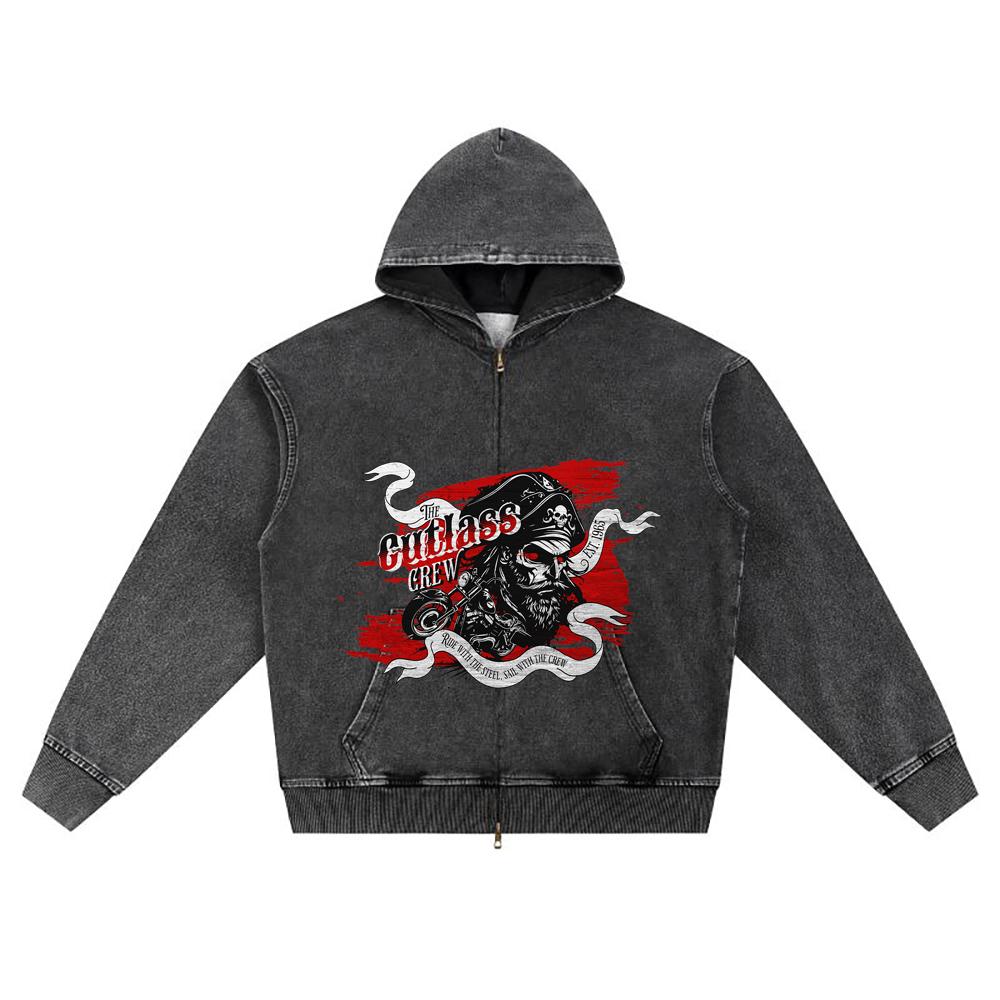 DTG Print Knitted Denim Zip-Up Hoodie Streetwear Motorcycle Brother Print Zipper Hoodies  