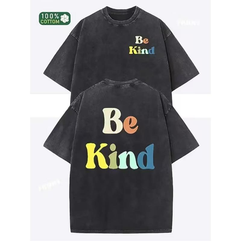 

European sizes Men s T-Shirt Colorful Kindness Double Sided Text Print Black Short Sleeve Tee Washed Cotton Vintage Casual Crew Neck Regular Fit S чёрный