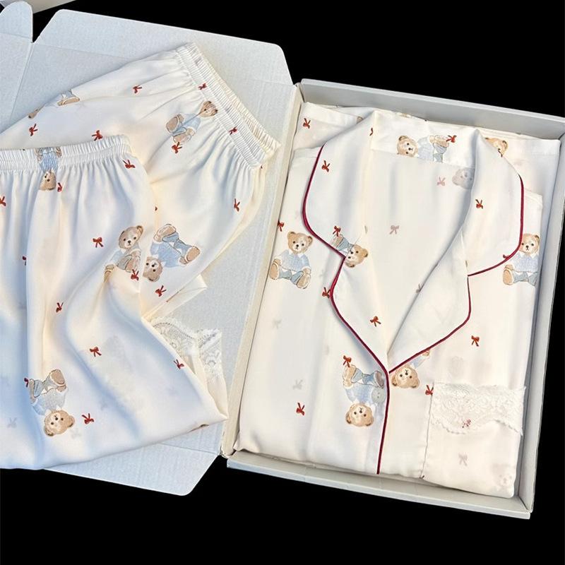 Lace Lace Bear Three-Piece Spring Imitation Silk Thin Short-Sleeved Short Trousers Loungewear