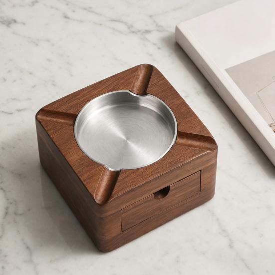 Yousheng Square Wooden Ashtray for Men, Non-slip Ash Holder with 4 Slots & Drawer, High Temperature Resistant Ashtray for Indoor Outdoor