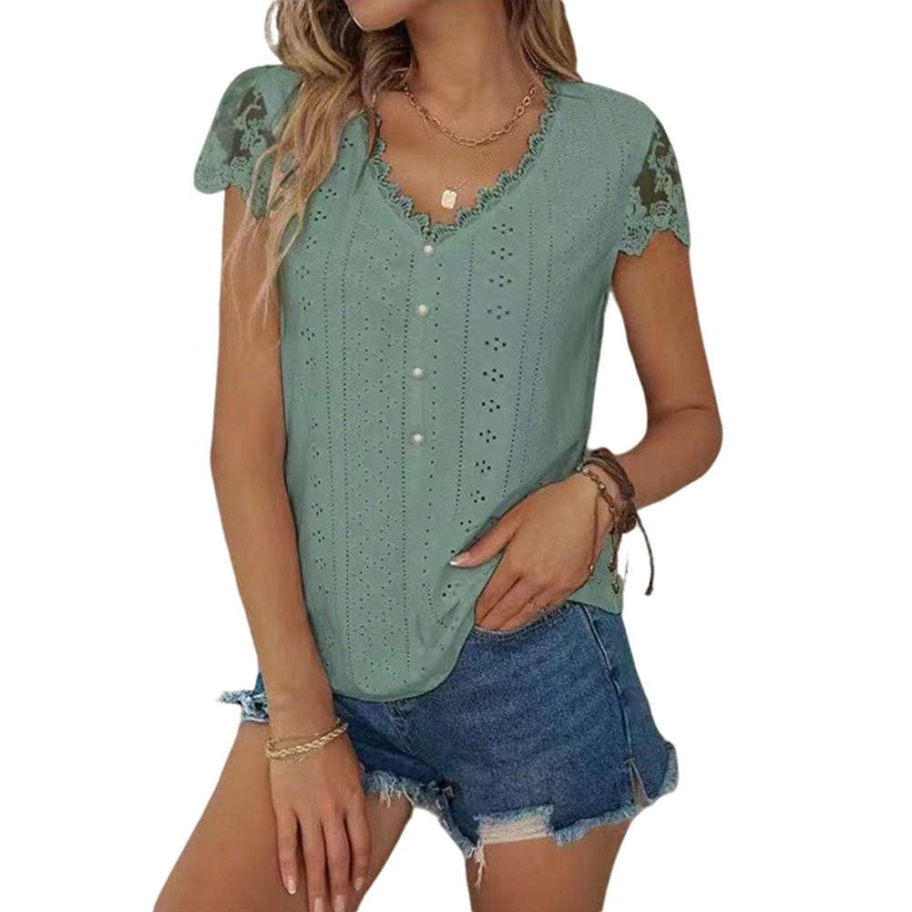 Women s V-neck Lace Loose-Fit Short-Sleeve Top 2XL