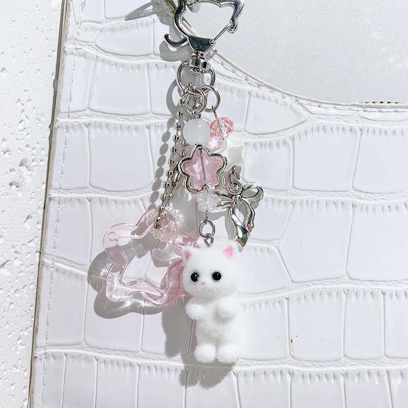 Creative Cute Flocked Kitten Strawberry Pendant Keychain Sweet Animal Keyring Backpack Decoration Accessories Best Friend Gifts
