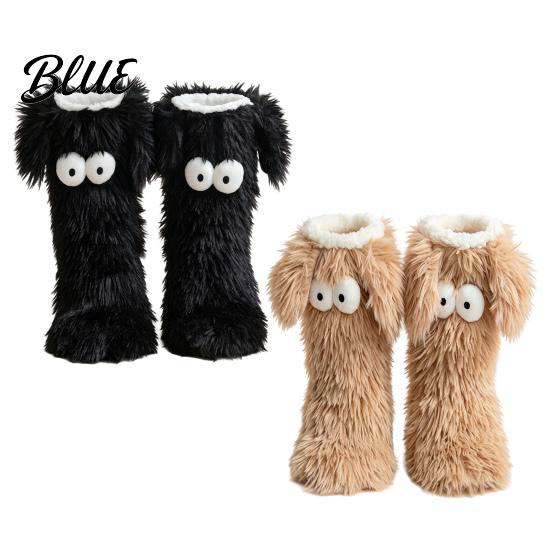 Soft Fuzzy Socks for Sleeping 2 Pairs Cute Big Eye Monster Plush Floor Socks Non-Slip Cozy Thermal House Indoor Slipper Women Warm Winter