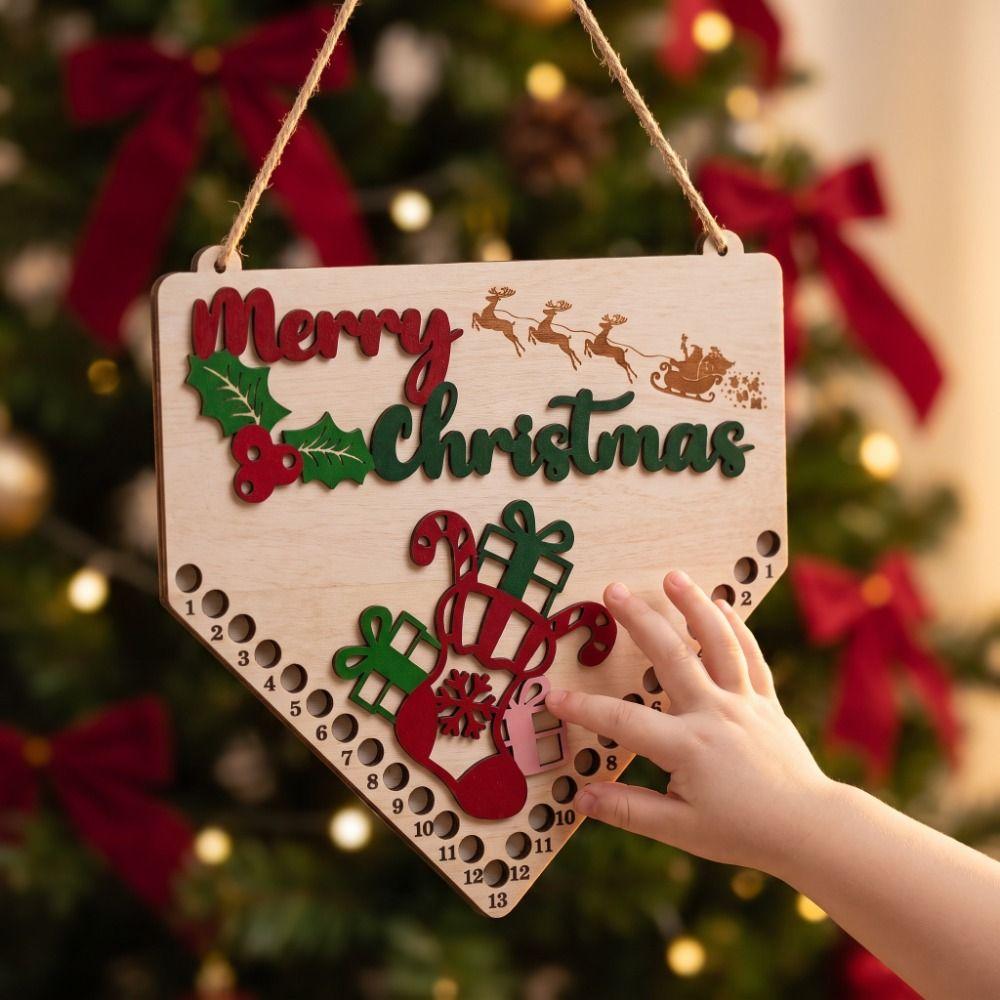 Wooden Christmas Countdown Calendar Decorative Board Hanging Christmas Decoration Ornaments Wall-mounted Xmas Advent Calendar