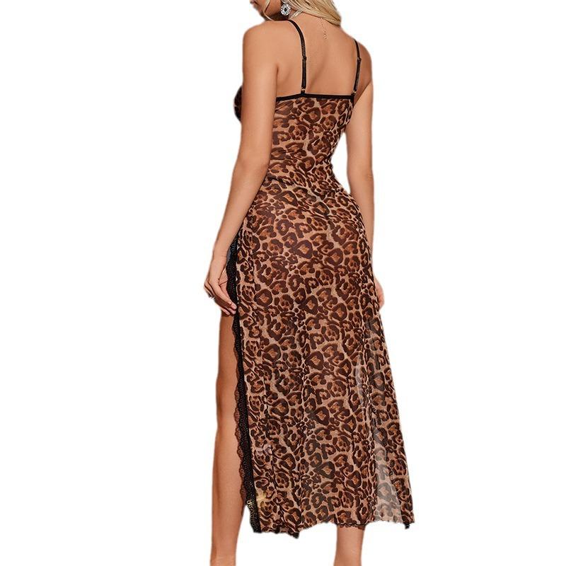 European and American adult lingerie, see-through long dress, pajama set, sexy slit leopard print lace backless sleeping dress