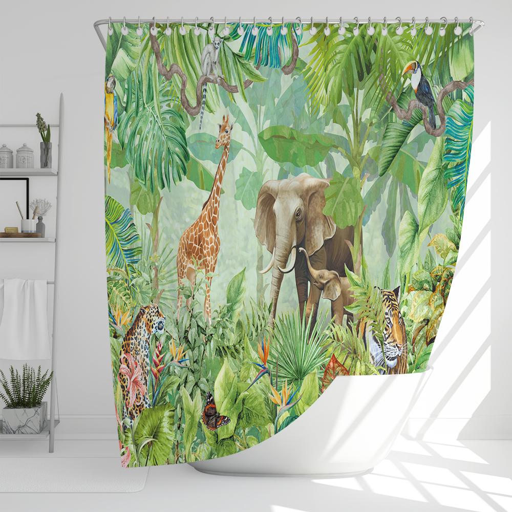 Tropical Plants and Animals Print Shower Curtain Waterproof Shower Curtain Bathroom Partition Curtain Bathroom Decor Accessories