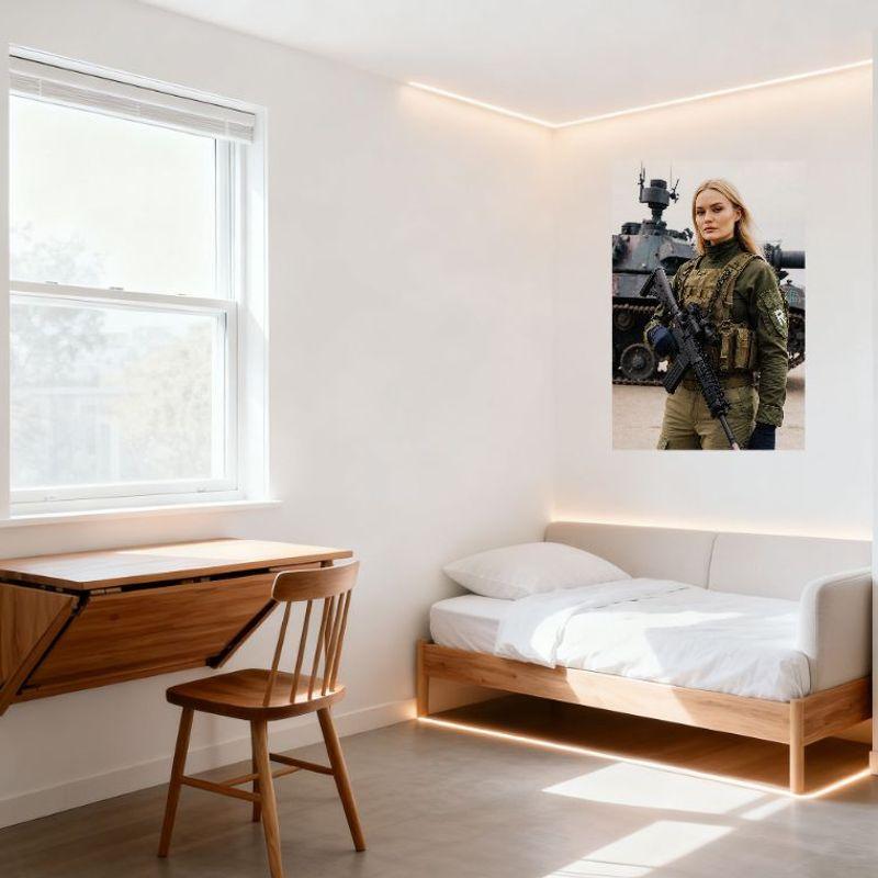 Seksowna Blondynka w Mundurze Wojskowym z Karabinem Szturmowym Tło Czołgu Metalowy Znak Blaszany Vintage Dekoracja Ścienna do Baru Pubu Domu Kawiarni 8x1