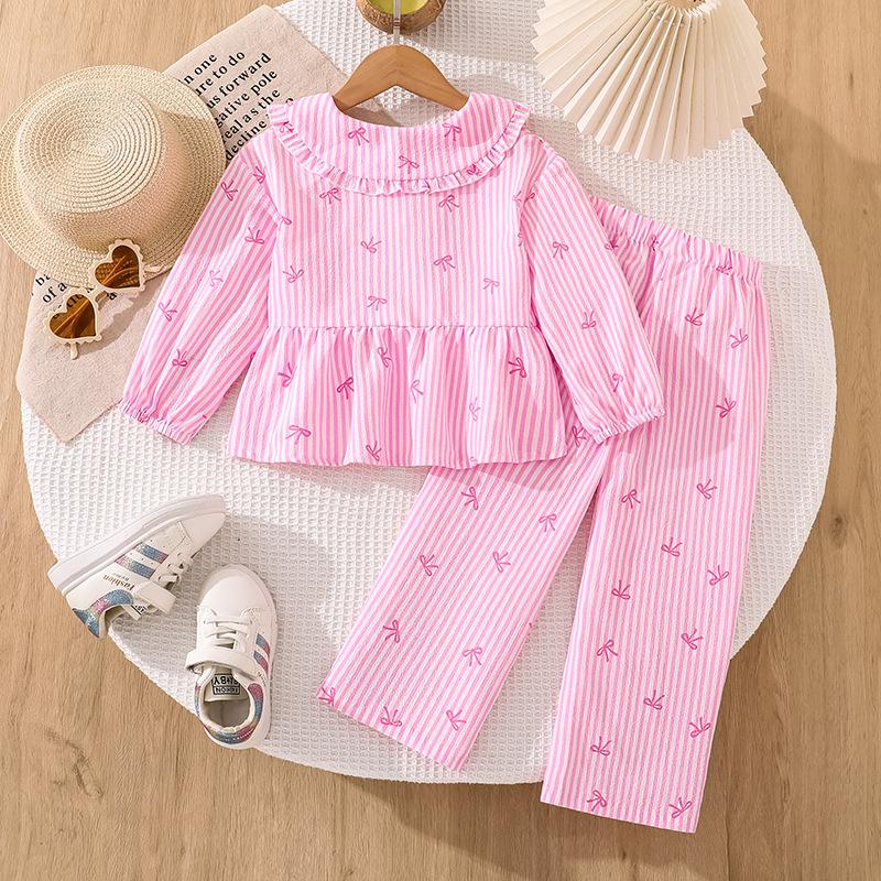 Girls' Fashion Set for Autumn Children's Striped Bow Print Long-sleeved Top and Long Pants