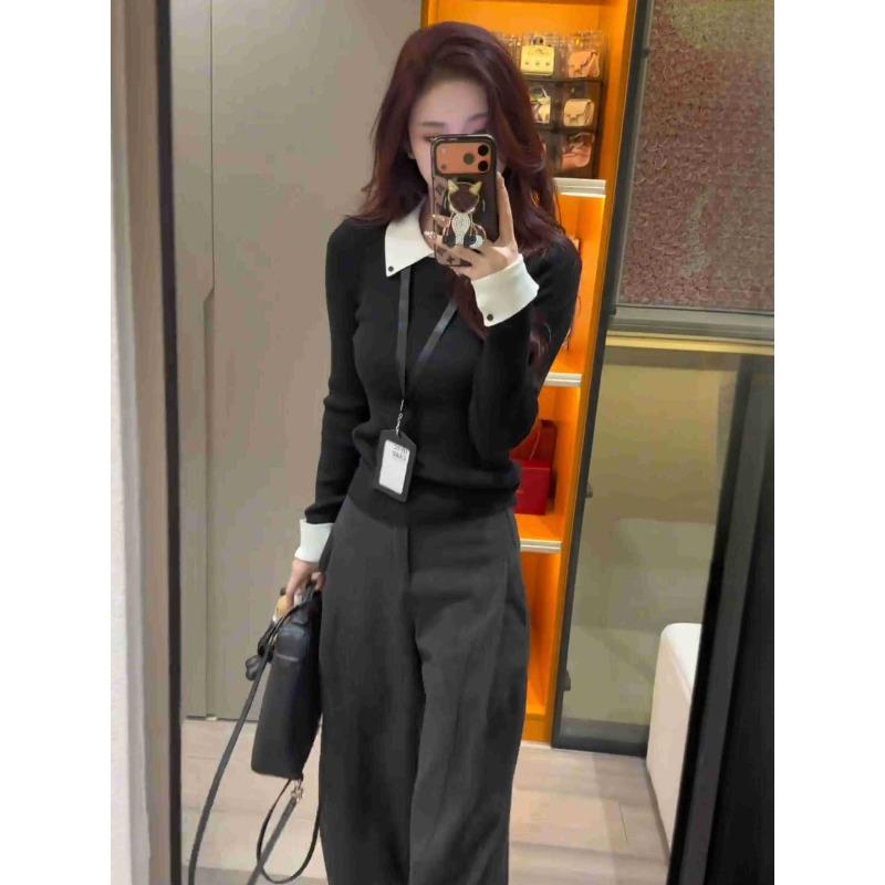 olo lapel contrasting color knitted sweater women's autumn and winter new slim-fitting front shoulder soft waxy long-sleeved inner top sweater