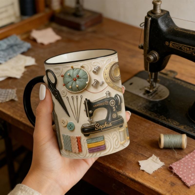 High Quality Ceramic Sewing Theme Coffee Cup Durable And Safe Ceramic Drinkware Cup For Daily Use 11oz Generous Size.