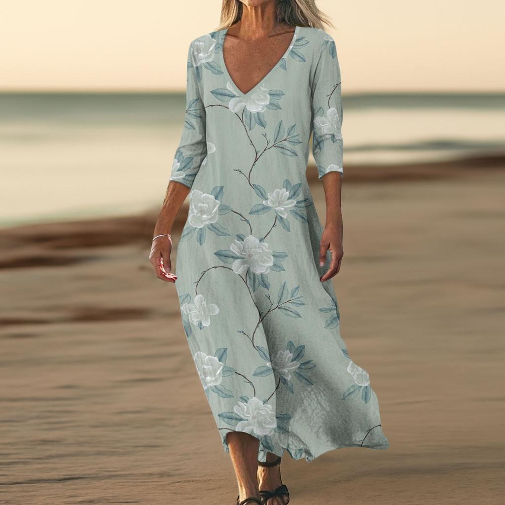 Dresses For Womens Vintage Print Tunic Waisted Midi Dress Summer Casual  3/4 Sleeve Dress