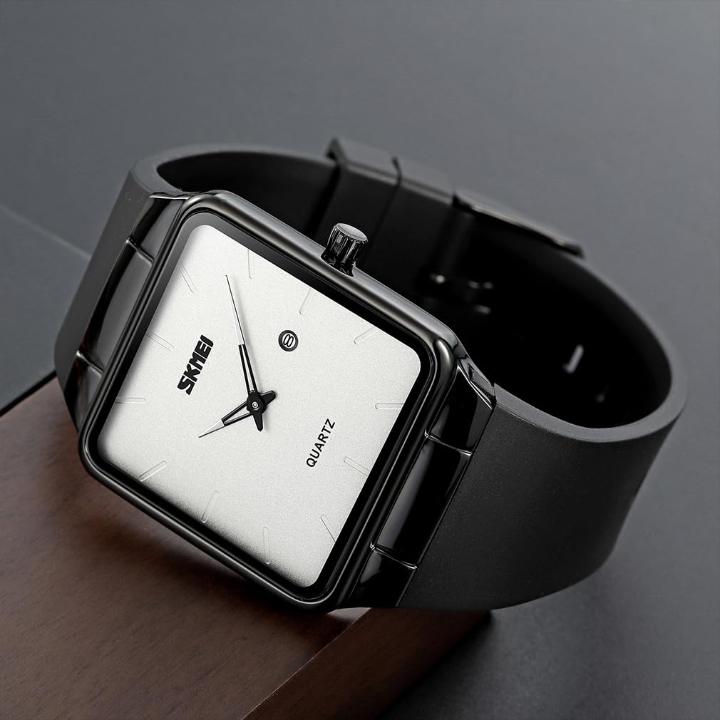 Square Watch Men Leather Strap Black Simple Slim Stylish Wristwatch Gentleman Waterproof Business Casual Male Gift Black White