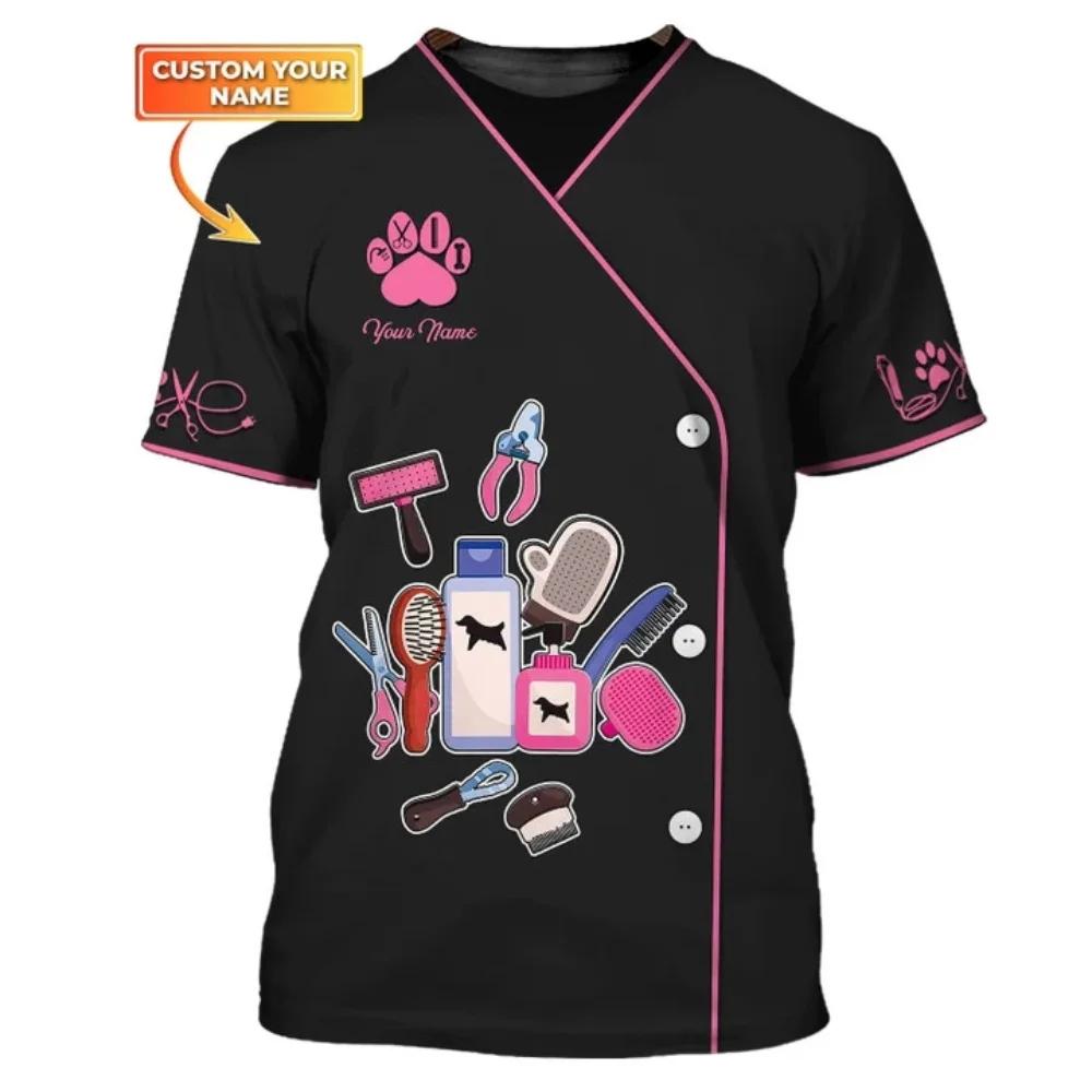 Haustier Hund Kosmetiker Rollenspiel Spaß Gedrucktes Herren T-Shirt Lässig Hip-Hop Mode Kurzarm Rundhals Übergroßes Oberteil