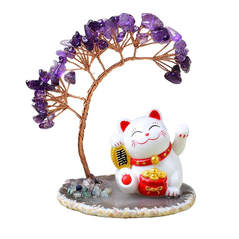 Solar Energy Shake Hands Lucky Cat Base Fate Tree Office Home Natural  Crushed Stone Life Tree Handwoven Weaving Decor