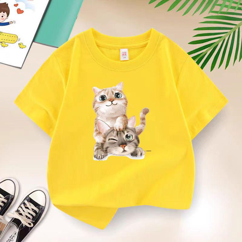 Cat Playing T-shirt for Girls Cotton Kids T Shirt Kawaii Children Casual Clothes Teen Baby Girl Casual