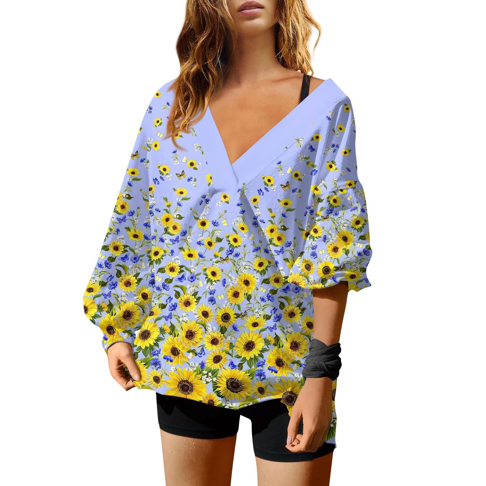 Женская мода V-образный вырез длинный рукав принтованный свободный пуловер свитшот топ — фото 6