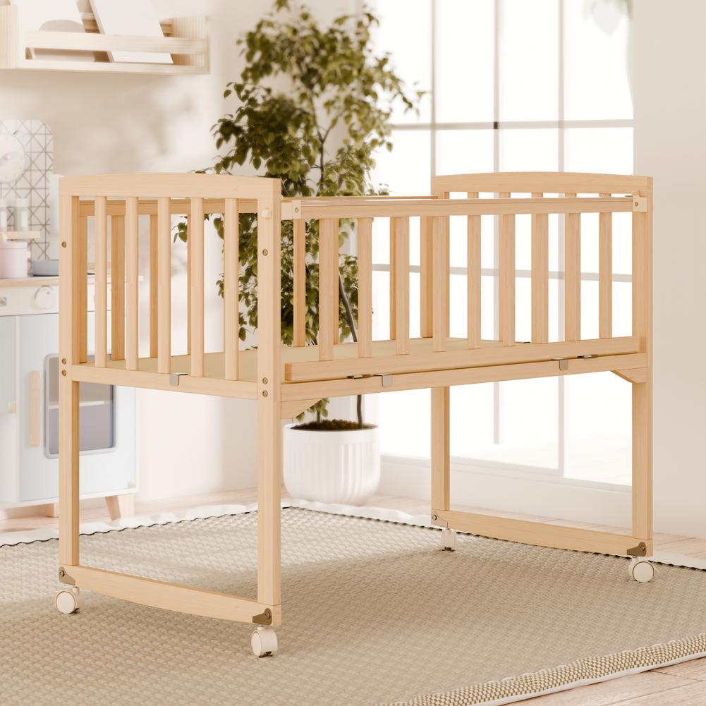 Portable Wooden Bedside Bassinet Newborn Baby Crib with Adjustable Side And Wheels Pine Co-Sleeping Crib for Parents