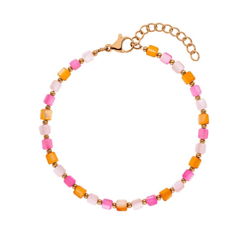 Natural Shell Beads Happiness Bracelet with Pink rose orange Glass Shell Beads and Stainless Steel Small Beads as fashion