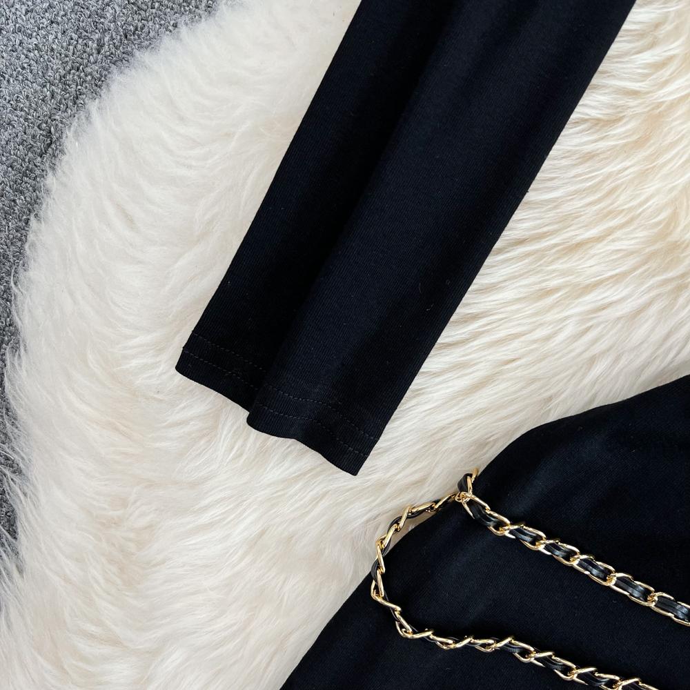 Fashion Suit Women Autumn Chain Halter Camisole Three-Piece Shawl Coat High Waist Bag Hip Skirt