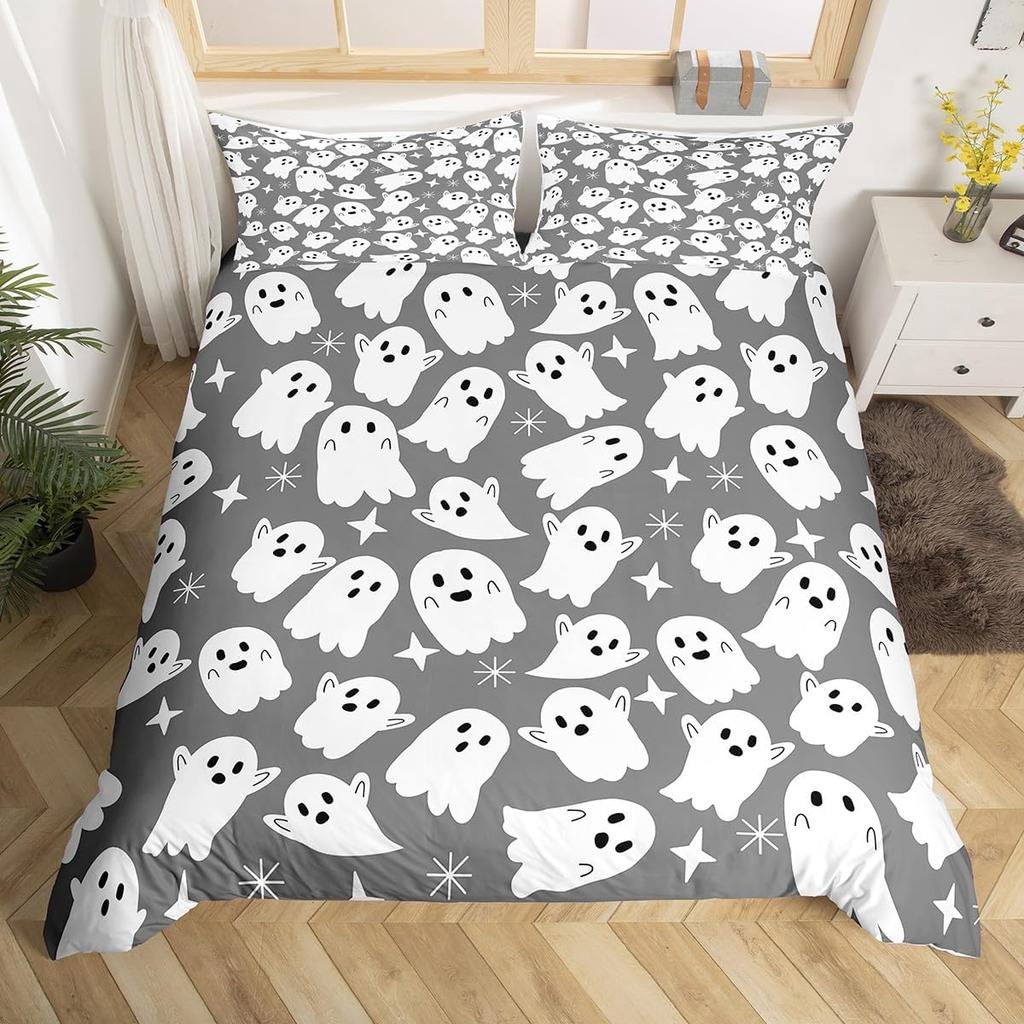Ghost Duvet Cover Queen King Size Cartoon Cute Ghost Decorative Bedding Set for Kids Girls Teens Happy Halloween 3 Piece Set