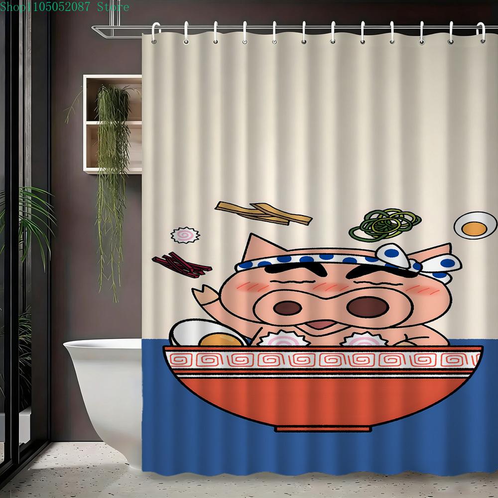 Crayon Shin-Chan & Friends School Uniform & Robot Statue Scene 2D Print Waterproof Shower Curtain, Blue & Yellow Bathroom Decor