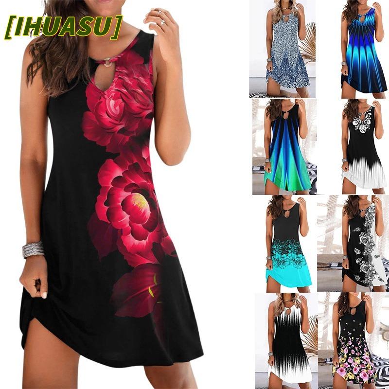 IHUASU Fashion Summer Spring Sleeveless O-Neck Casual Dresses
