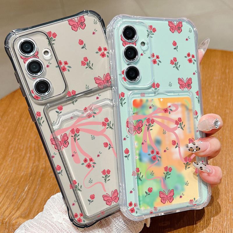 Card Bag Wallet Case For Samsung Galaxy S25 S24 S22 Ultra S23 S24 FE A56 A55 A35 A15 A16 Full Screen Pink Flower TPU Phone Cover