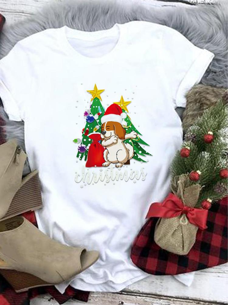 Lovely Merry Christmas Funny Trend T Shirt Women Short-Sleeved Print Tee Shirt Female Trend Clothing Women Casual Graphic Tee
