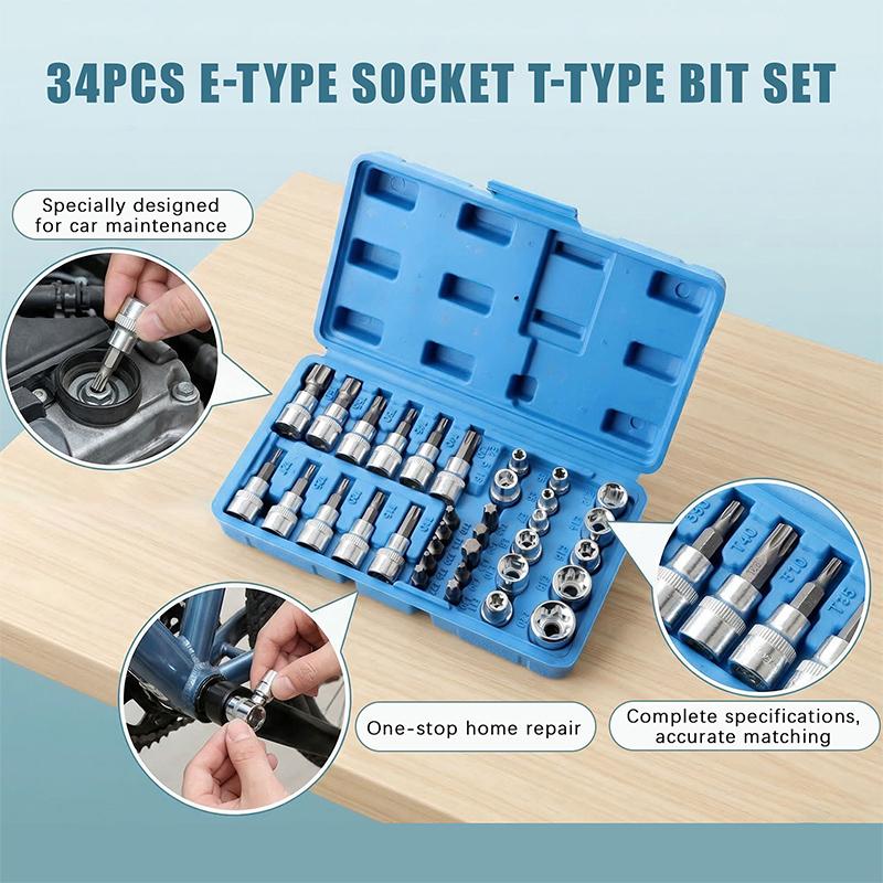 34-Piece Flower Pattern E-Type Socket Screwdriver Bit T-Type Press Bit Auto Repair Hardware Tool Set