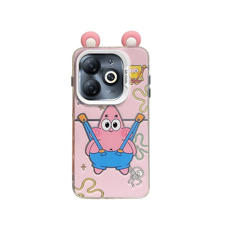 KEYSION Cute Ear Cartoon Case for Infinix Hot 40i with Lanyard Soft Silicone+PC Shockproof Phone Cover for Infinix Smart 8 HD