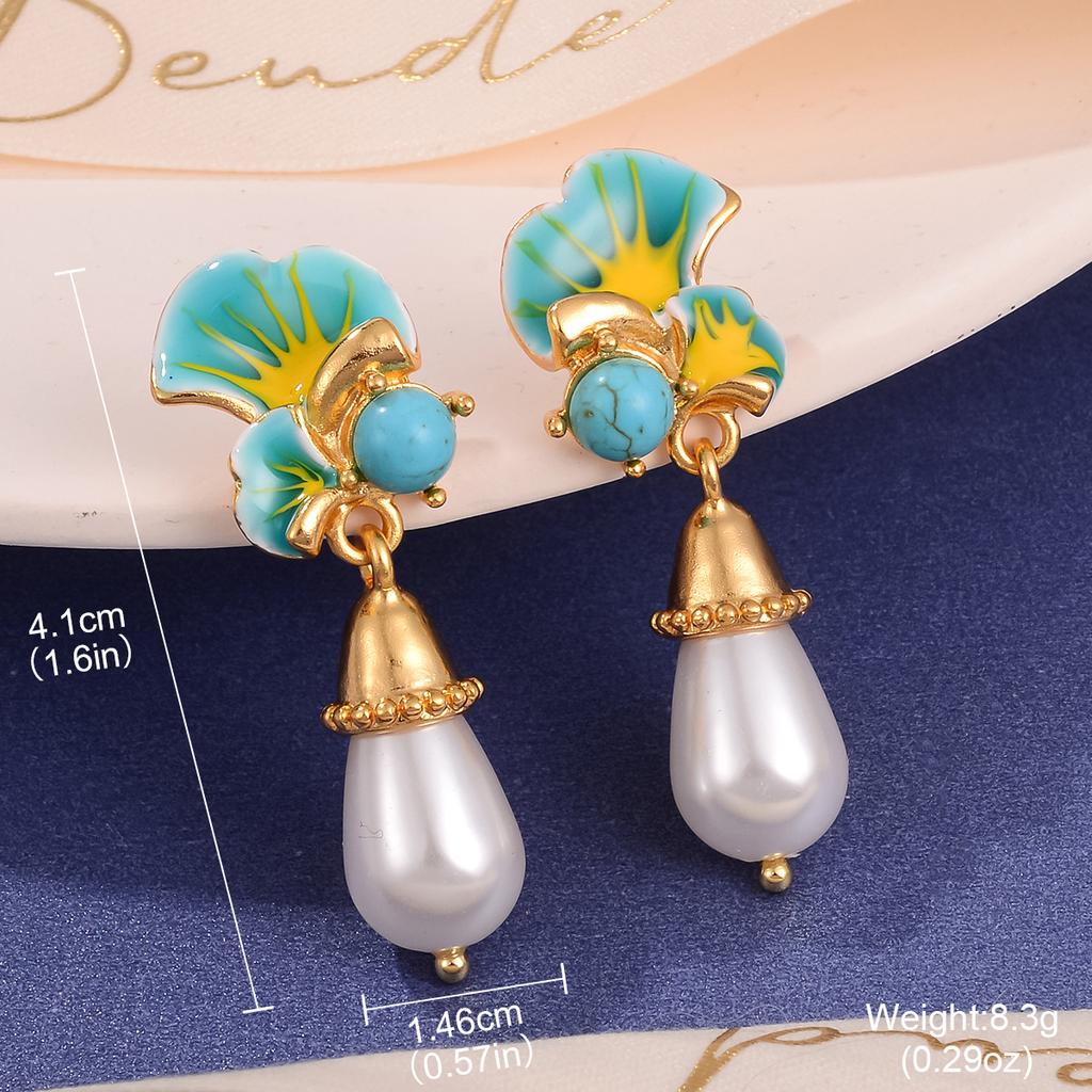 Aesthetic French Retro Enamel Flower Stud Earrings Monet Garden Oil Painting Antique Pearl Oil Dripping Silver Needle Earrings Women