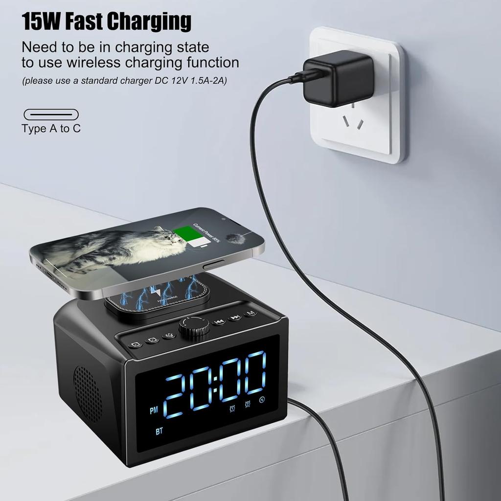Alarm Clock for Bedroom, Digital Clock FM Radio with 15W Wireless Charging, 10W Loud Stereo Bluetooth Speaker with AUX TF USB Input, 6 Sleep White