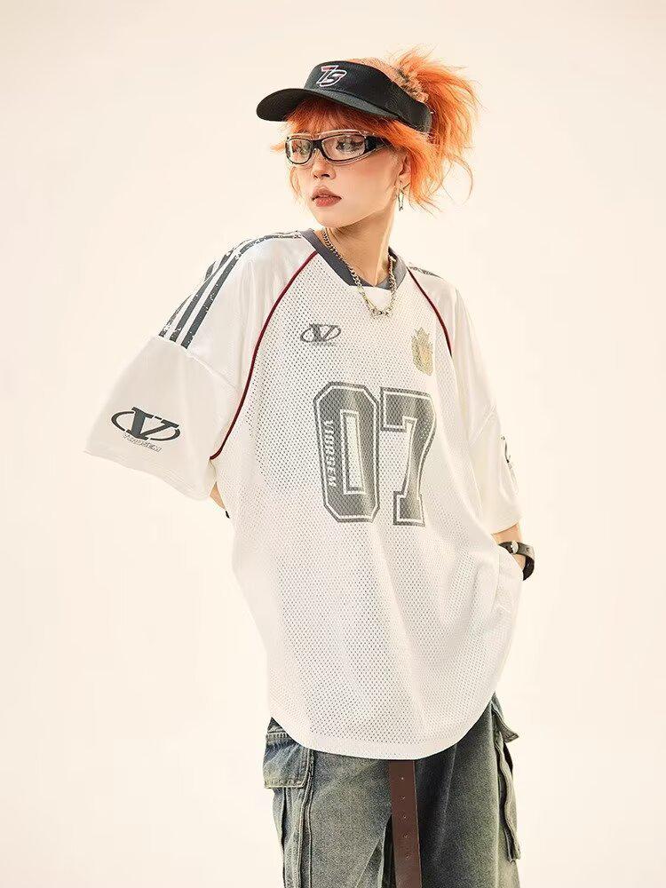 Women's Retro Sport Mesh Rugby T-Shirt: Summer College Style, Loose Fit Short Sleeve