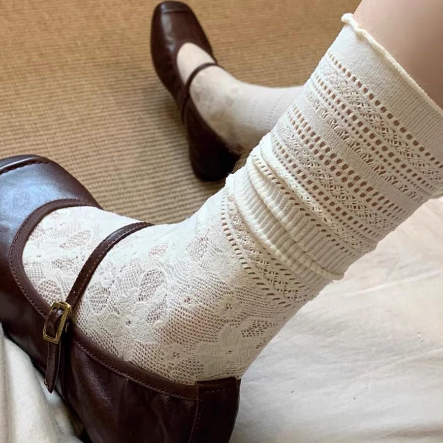 Women s Breathable Ballet-Style Mesh Socks with Lace Trim - Versatile Two-Way Wear