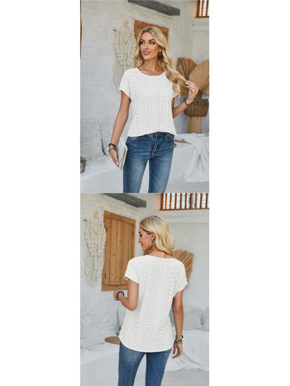 Spring & Summer Women's Loose Round Neck Eyelet Lace T-shirt