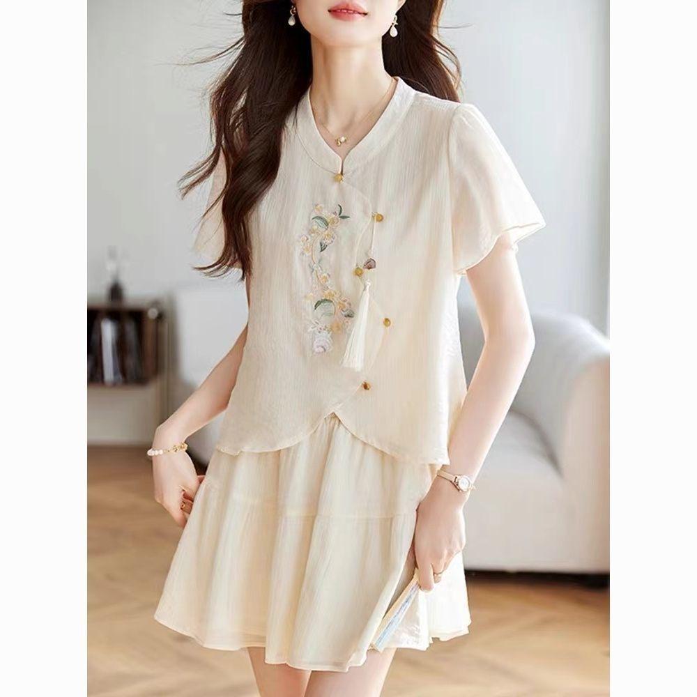 2024 Summer Women's Embroidered Chiffon Two-Piece Set: Chinese Style Shirt & Skirt