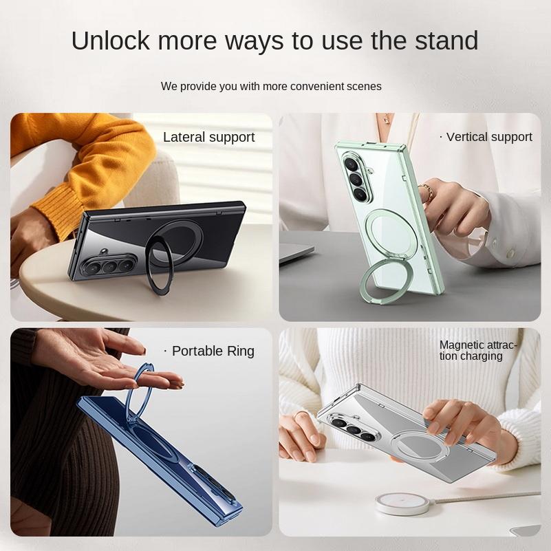 Metal Ring Holder Magsafe Magnetic Phone Case for Samsung Galaxy Z Fold 7 Spring Hinge with Tempered Glass Film Protection Cover