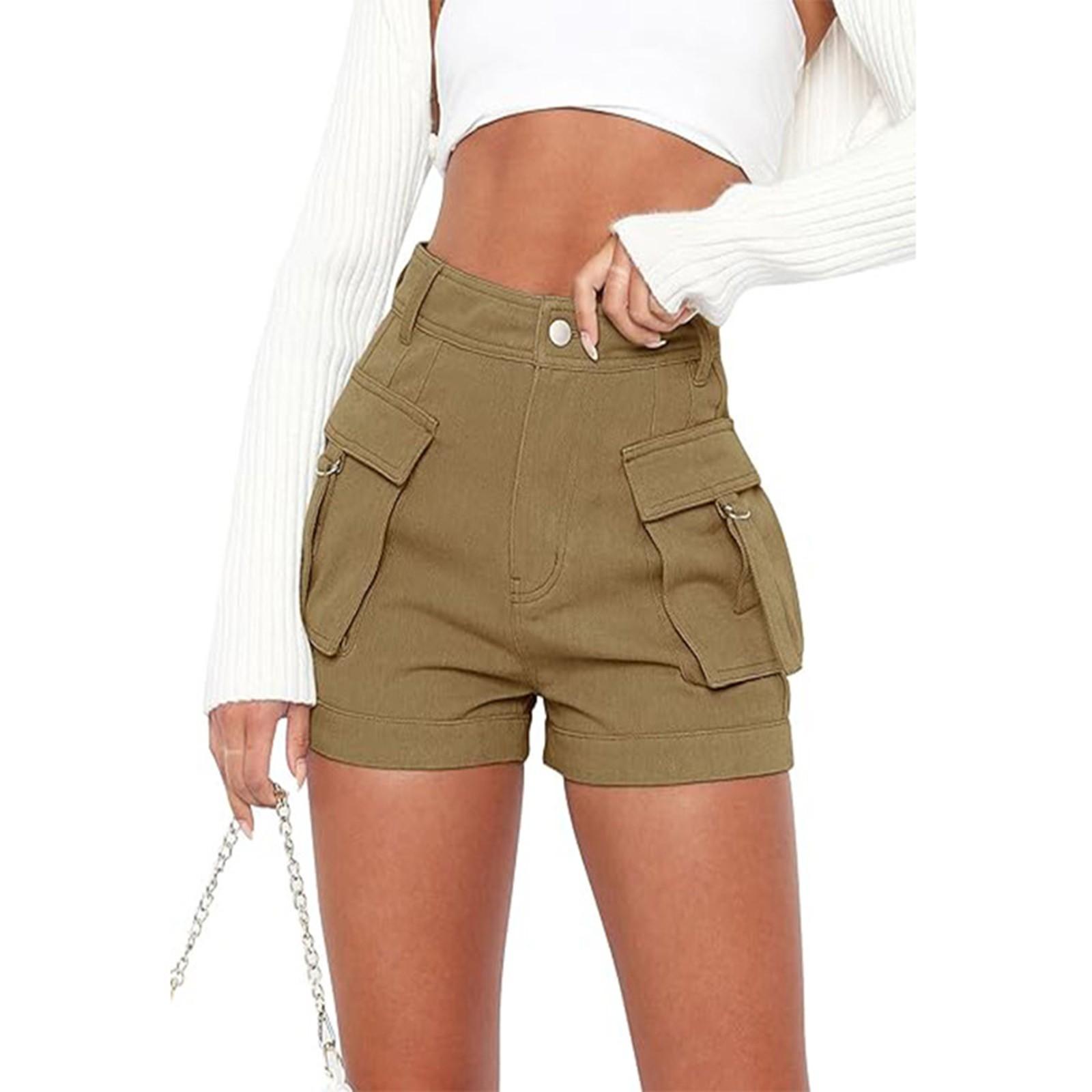 

Женские модные шорты с высокой талией, эластичные, повседневные, из денима, рабочая одежда, с карманами M хаки