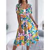 GMXIA Spring and Summer Casual Flower-patterned Short-sleeved, Waist-cinched, Ruffled A-line Skirt Women's Wear
