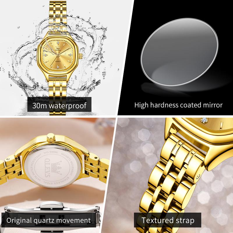 OLEVS 5888 Woman Watch Fashion Elegant Small Square Dial Gold Watches for Women Solid Steel Strap Original Quartz Wristwatches