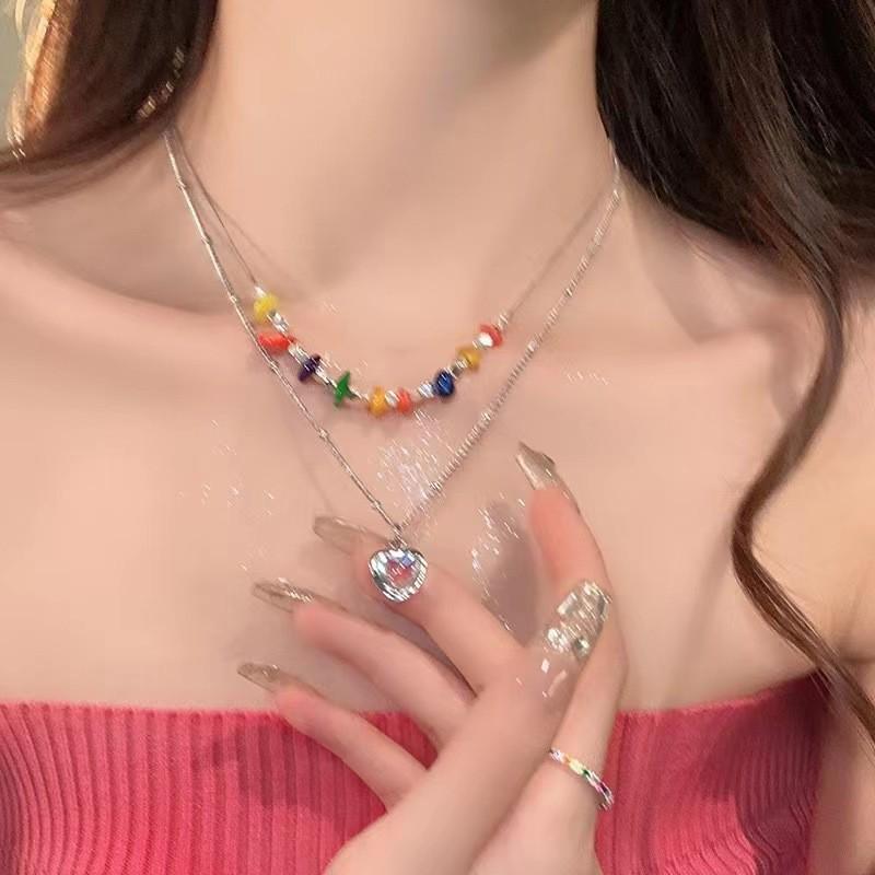 Double-Layer Rose Zircon Sweater Necklace - Women's Versatile Clavicle Chain, Light Luxury, High-End, Niche Accessory