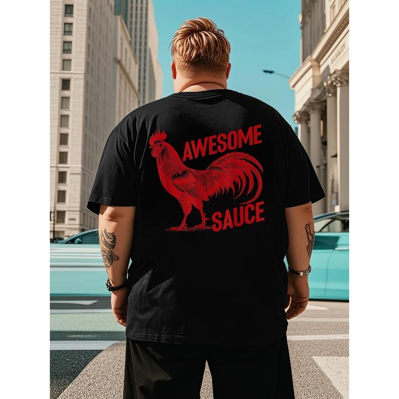 Taglie Europee Uomo Vintage Divertente T-Shirt Grafica con Gallo - Maglietta Nera con Stampa Posteriore Rossa "Awesome Sauce", Abbigliamento per il Weekend, Estetica Retro