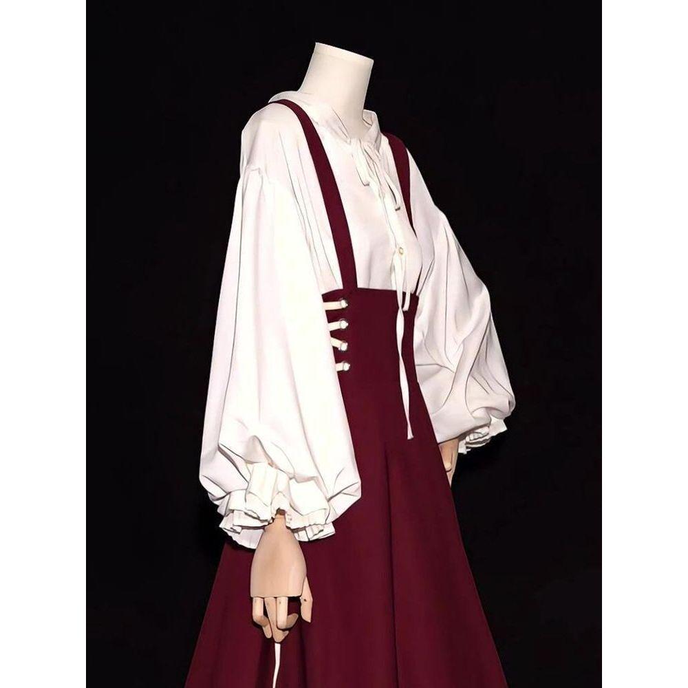 French Retro Hepburn High-Waisted Tie-Up Strap Dress & Lantern Sleeve Shirt Set