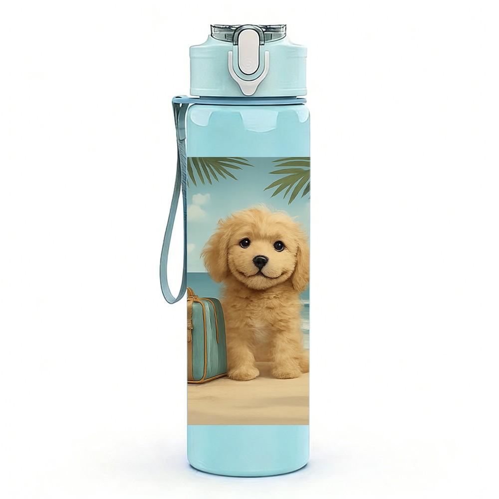 1PC Puppy Dog Beach Luggage Scene Print 750ml Color Plastic Sports Water Bottle Leakproof Flip Straw Lid Suitable for Sports Office Home Use